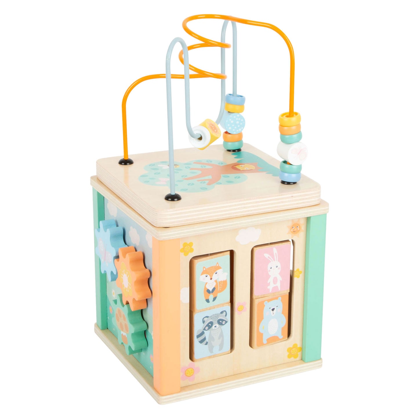 Small Foot - houten activiteitenkubus en motoriekspiraal pastel