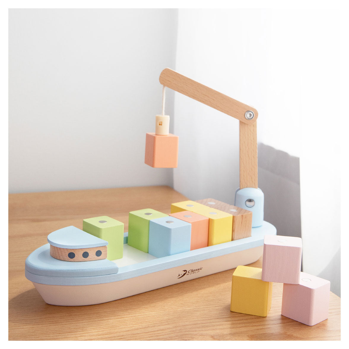 Classic World houten blokkenboot met kraan, 13dlg.