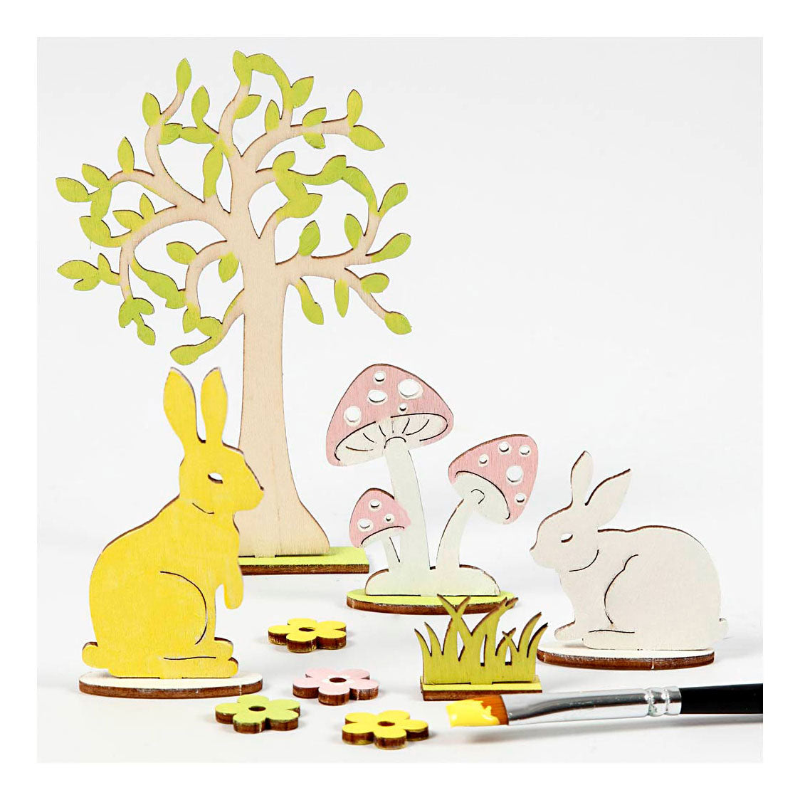 Creativ Company Diy houten figuren hazen, boom en paddestoelen