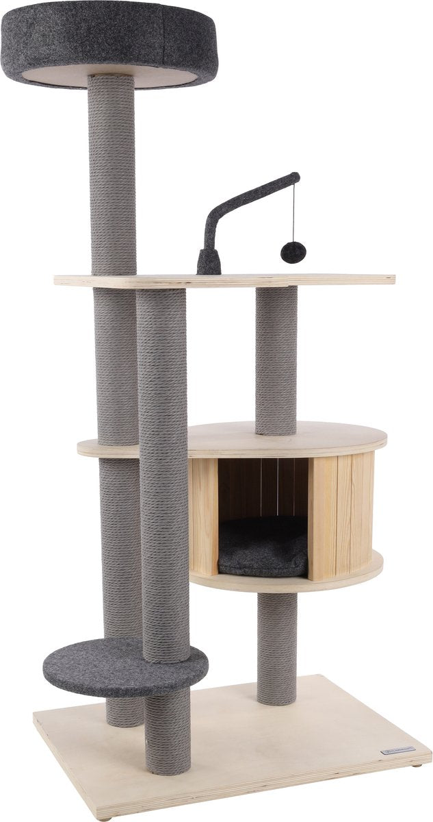Flamingo Krabpaal – premium line kandis – 74x59x137 cm – luxe krabpaal met schuilhuisje gewatteerde ligplaatsen – kattenmeubel met papieren krabtouw vilt bekleding – inclusief speeltje