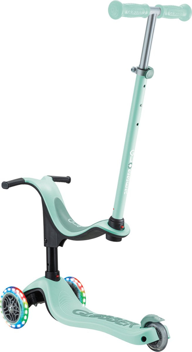 Globber Meegroeistep- go up sporty lights mint - munt - lichtgevende wielen - met duwstang - in hoogte verstelbaar - vanaf 12 maanden tot 7 jaar