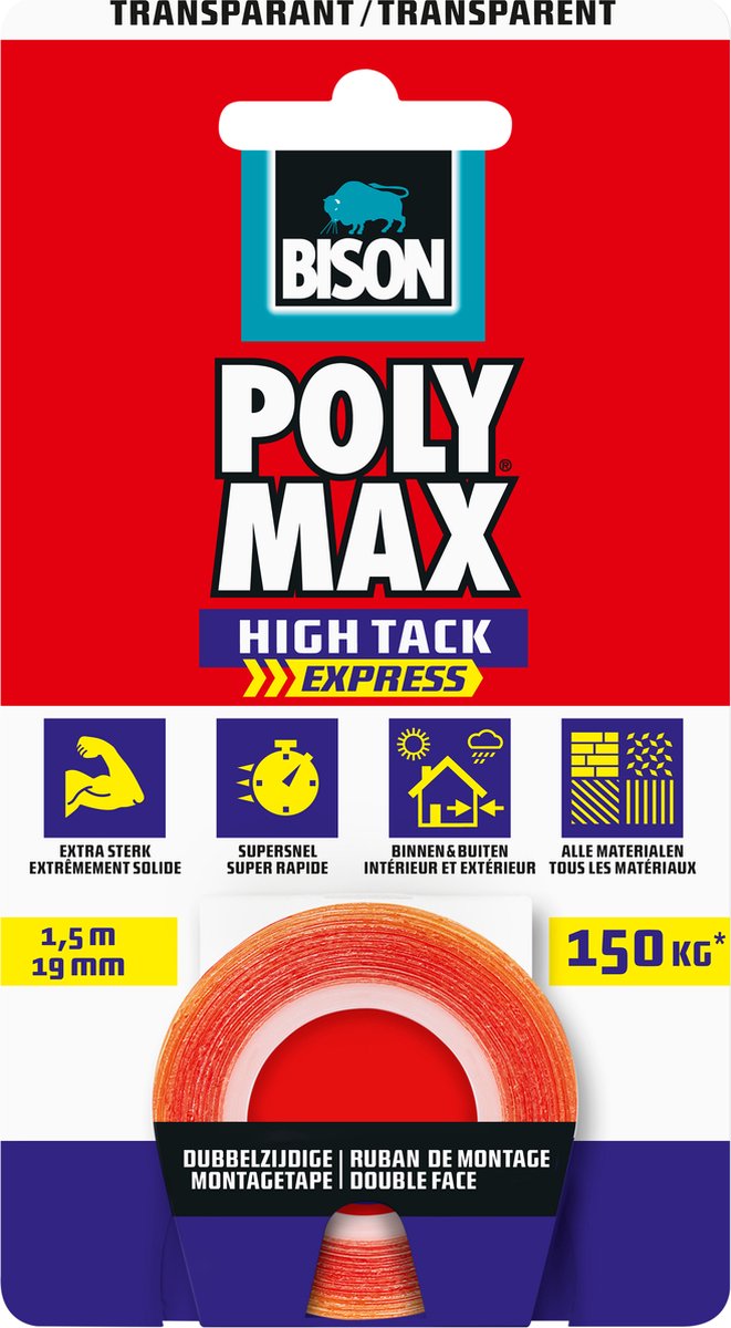Bison Poly max® high tack express montage tape transparant 1,5 meter x 19mm, universele dubbelzijdige montagetape, eenvoudig in gebruik, extra sterk, supersnel, ophangen zonder boren