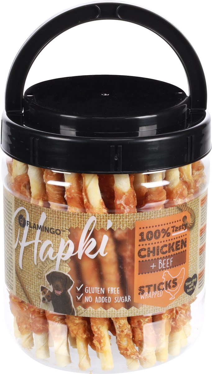 Flamingo Hondensnack – r’hide staaf wit met kip – hondensnacks – honden snacks – hondensnoepjes – glutenvrij – zonder toegevoegde suikers – 600g bewaaremmer
