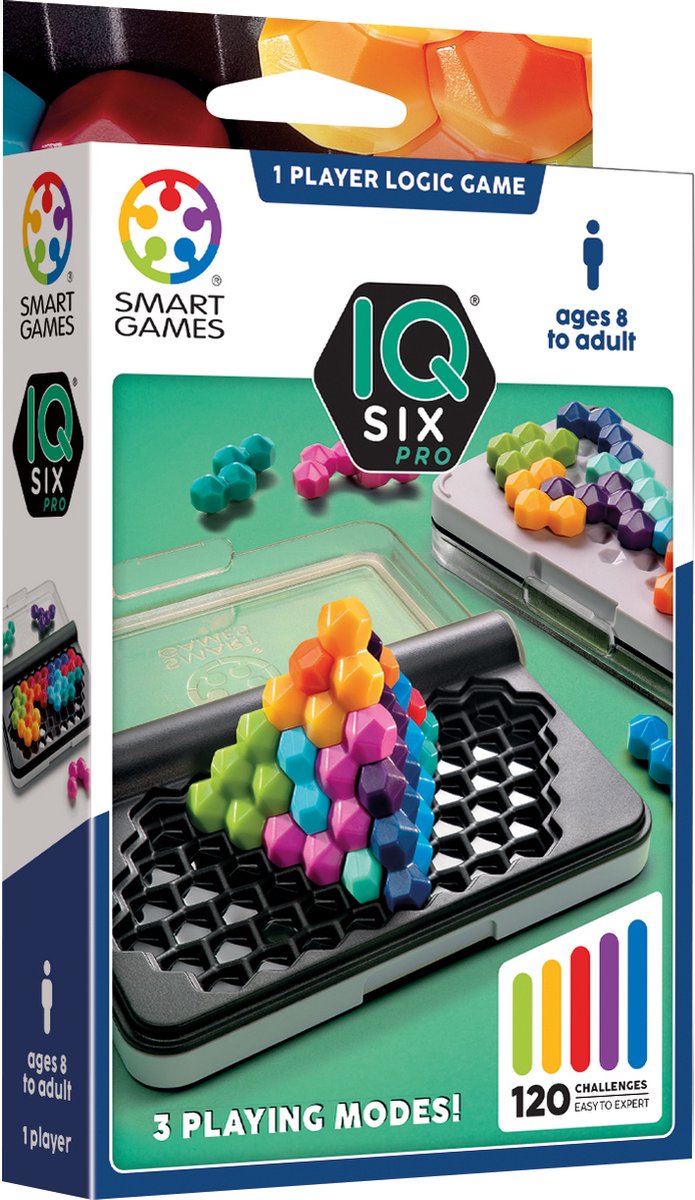 SmartGames iq six pro - logisch denkspel reispuzzel - 120 opdrachten in 2d en 3d - zeshoekige breinbreker voor kinderen en volwassenen - vanaf 8 jaar
