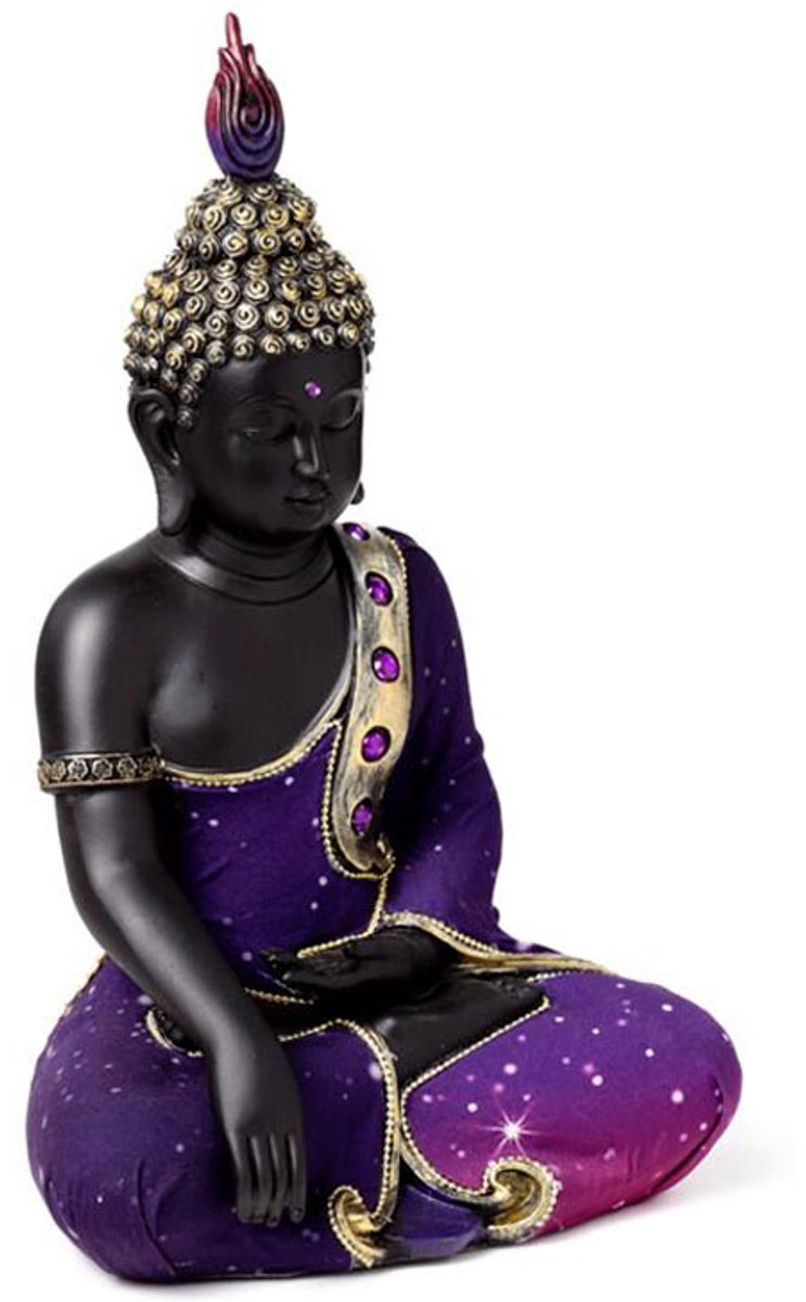 Puckator Beeld - boeddha thais - droom meditatie - strass steentjes - paars zwart goud - 30x9x12,5cm