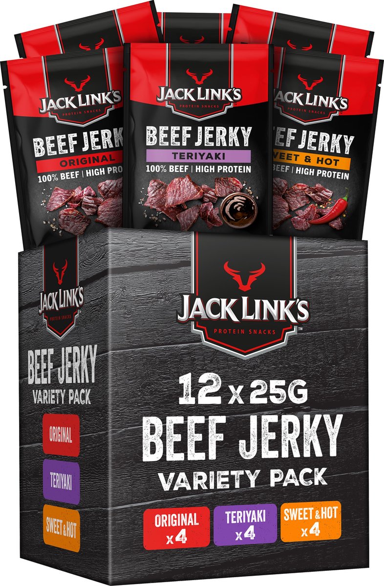 Jack Link's Jack links beef jerky mix box - 100% premium beef - hoog in eiwitten - rundvlees snack - voor tussendoor, onderweg of in de sportschool - 12 x 25g