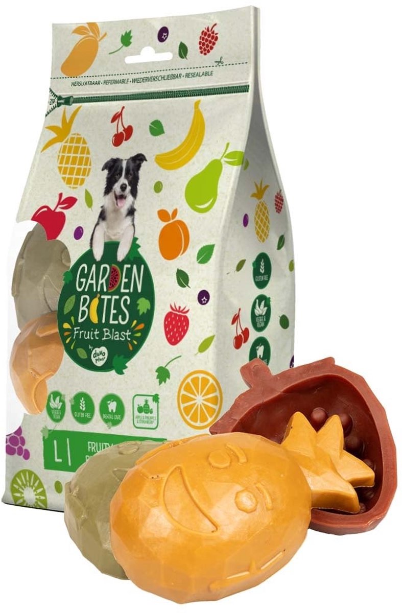 Duvo Plus garden bites - fruity buddies hondensnacks - hondensnoepjes - vegetarisch glutenvrij - large 3st