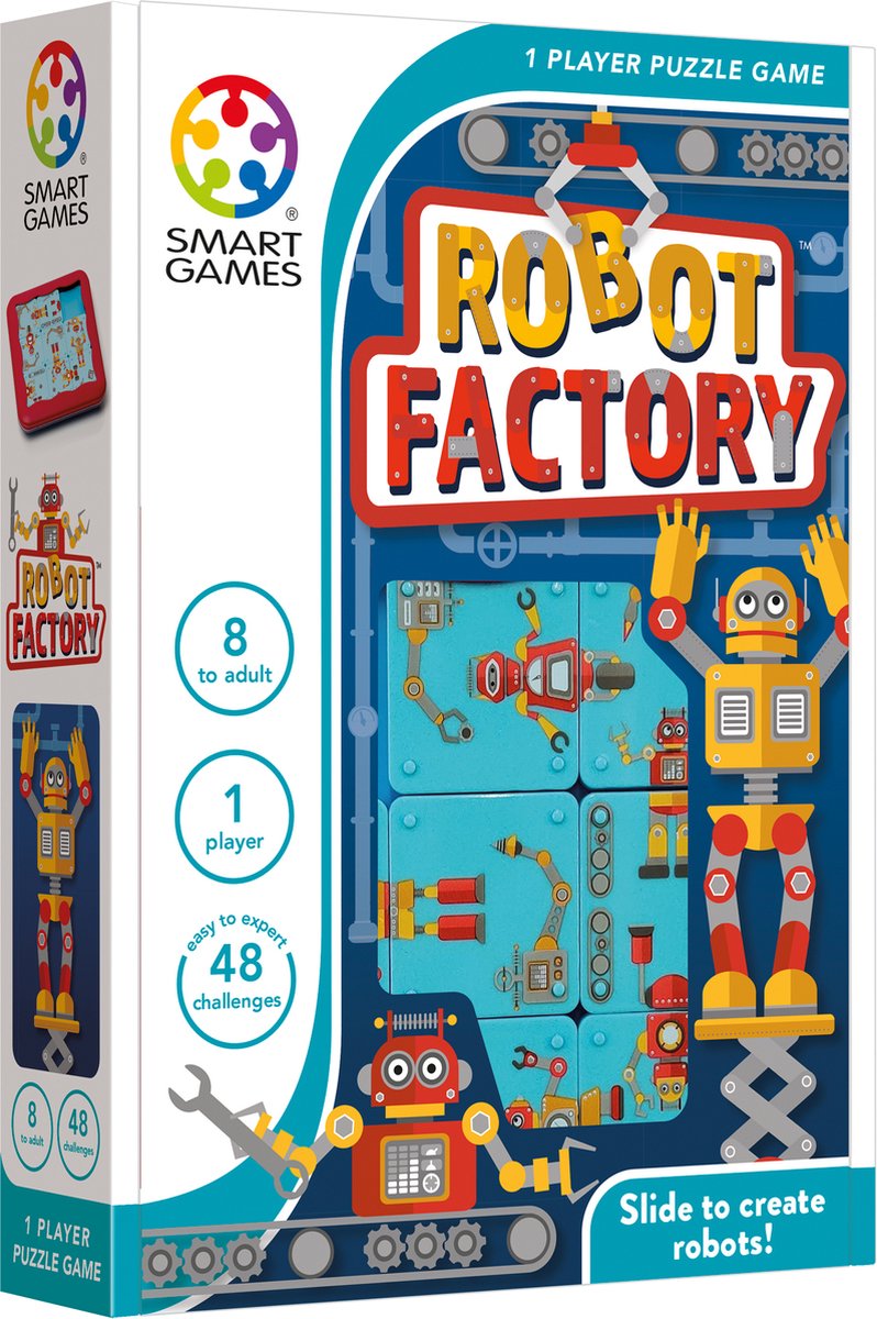 SmartGames robot factory - compact schuifpuzzel denkspel - 48 educatieve robot uitdagingen - reisspel solospel - vanaf 8 jaar