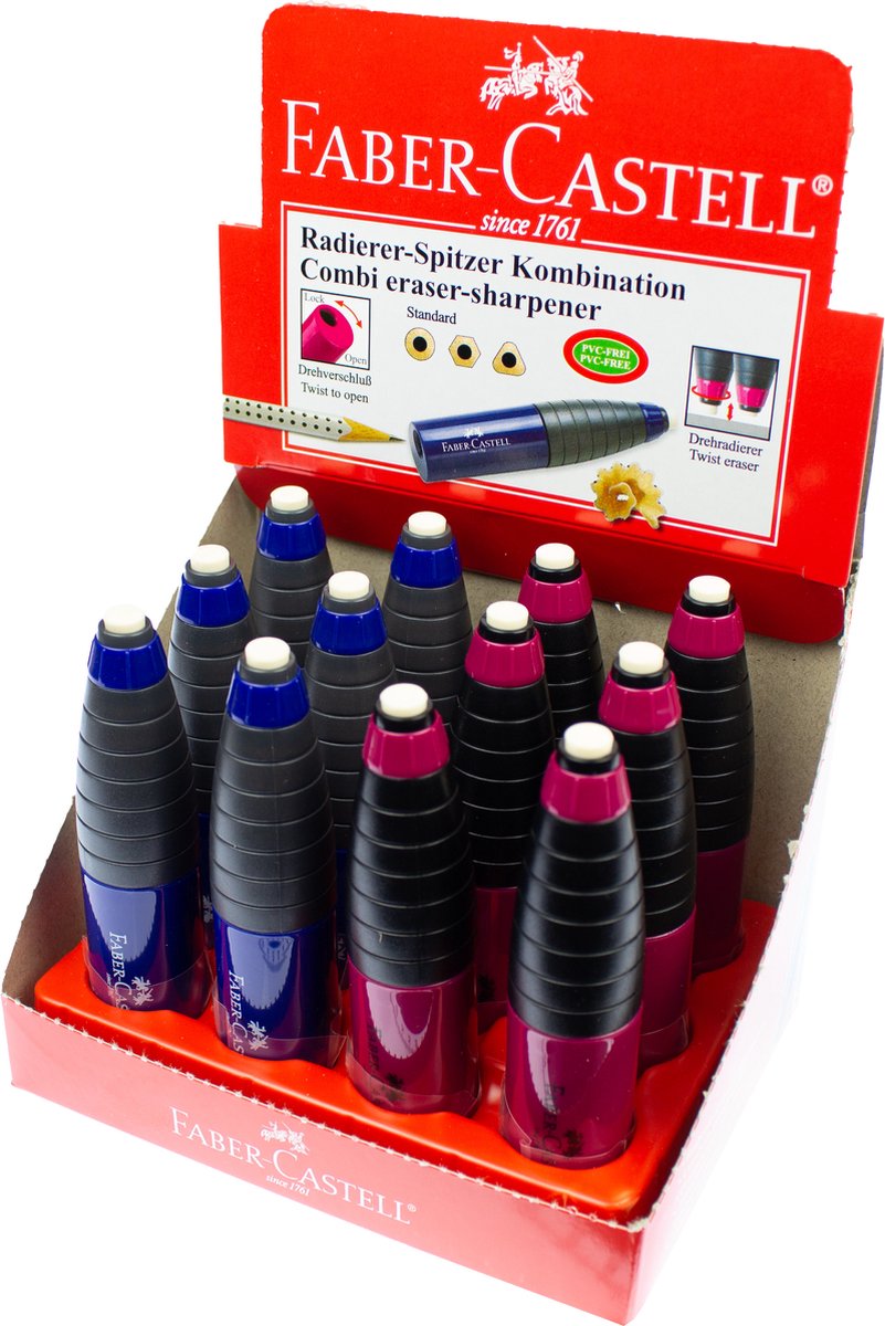 Faber-Castell puntenslijper+gum - rood blauw - display - 12 stuks - fc-184401