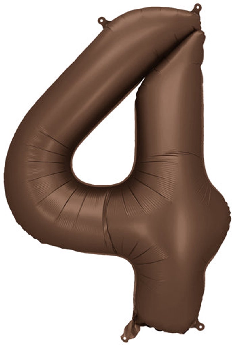 PartyDeco Folieballon nummer 4 in bruin 86cm