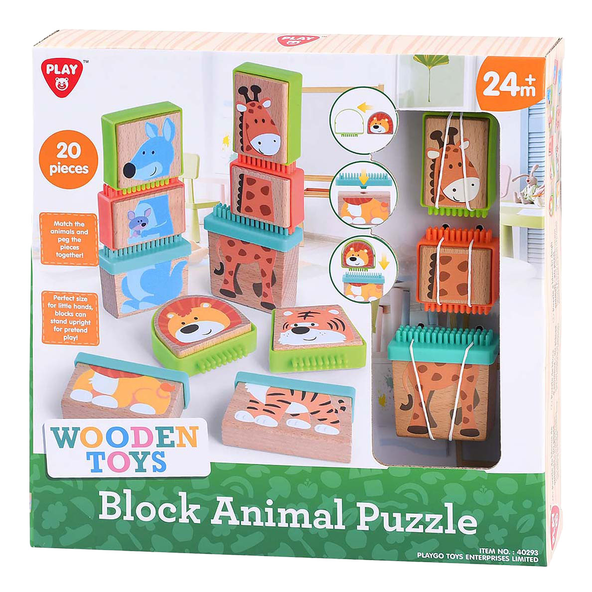 Playgo Play houten blokpuzzel dieren, 20dlg.
