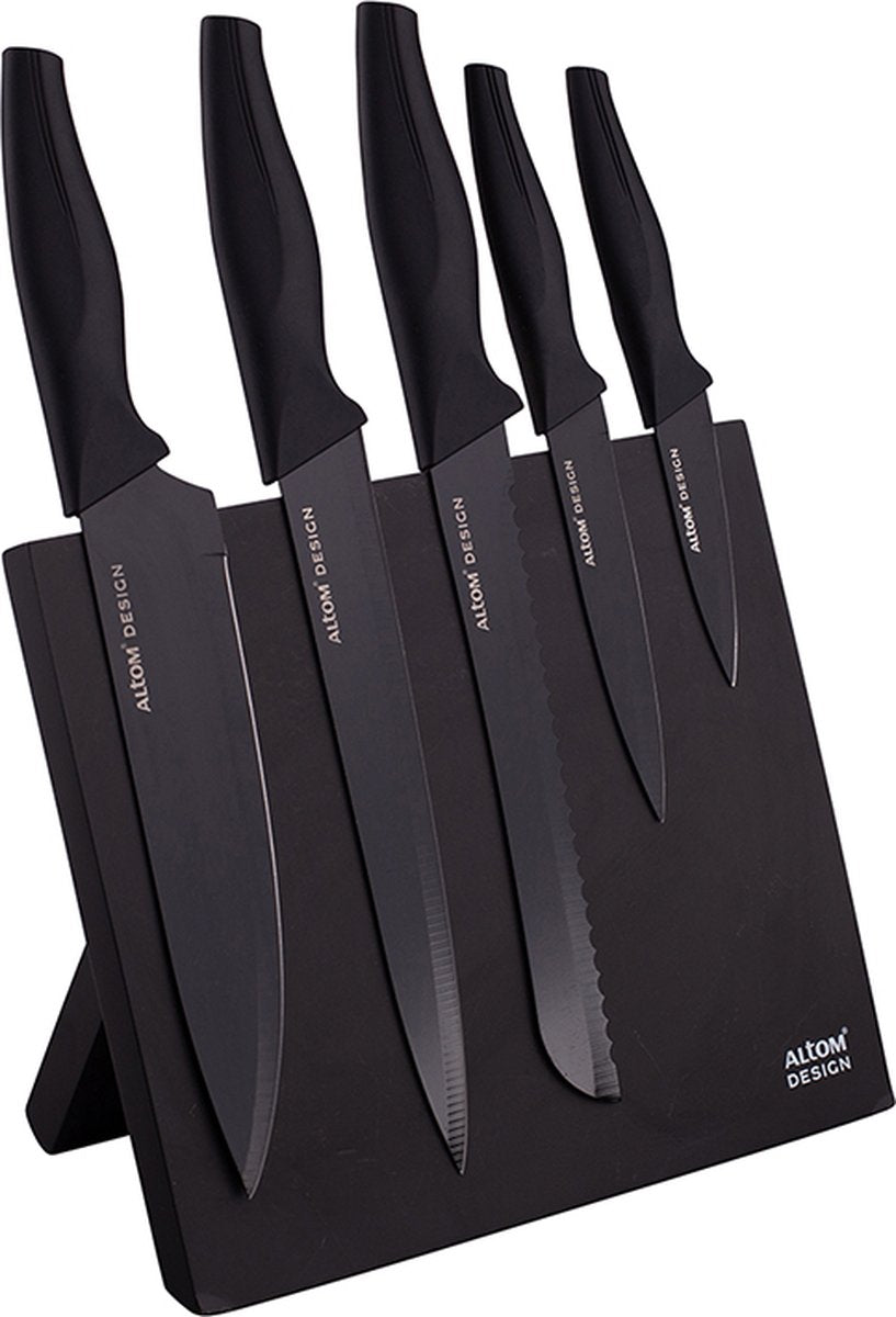 Altom Design zwart magnetisch messenblok met 5 zwarte messen - ergonomische handgrepen - prachtig design - modern en elegant - met 5 zwarte messen