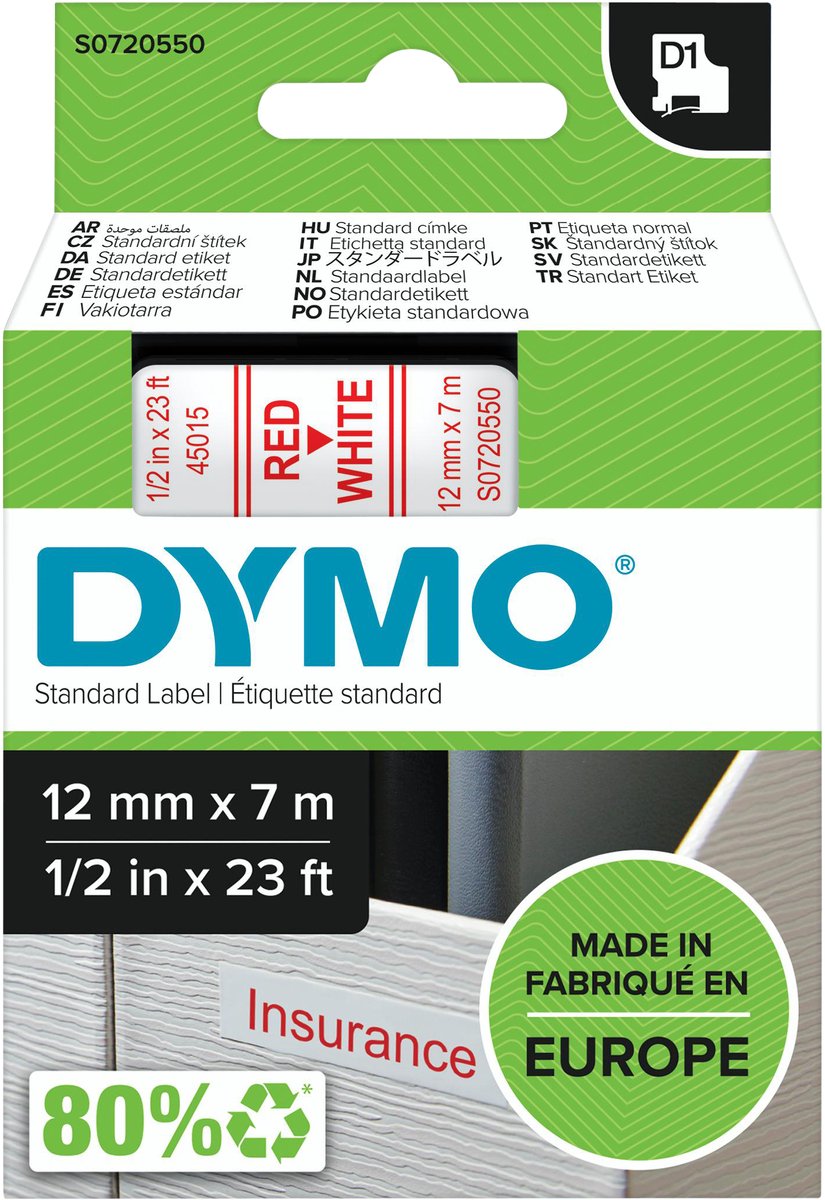 DYMO originele d1 labels | rode tekst op wit label | 12 mm x 7 m | zelfklevende etiketten voor de labelmanager labelprinter | gemaakt in europa