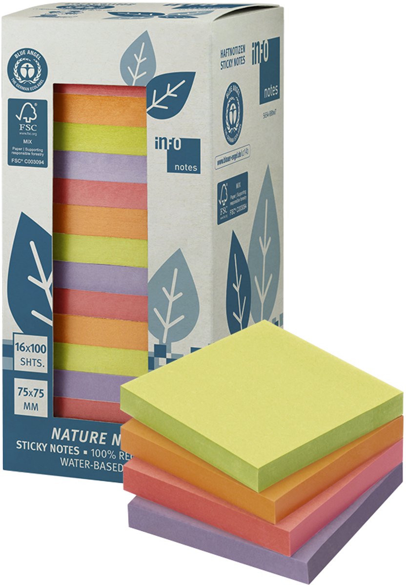 Info Notes Info sticky notes - 16 x 100 vel - 75x75mm - roze, rood, oranje, groen - in-5654-88tw7