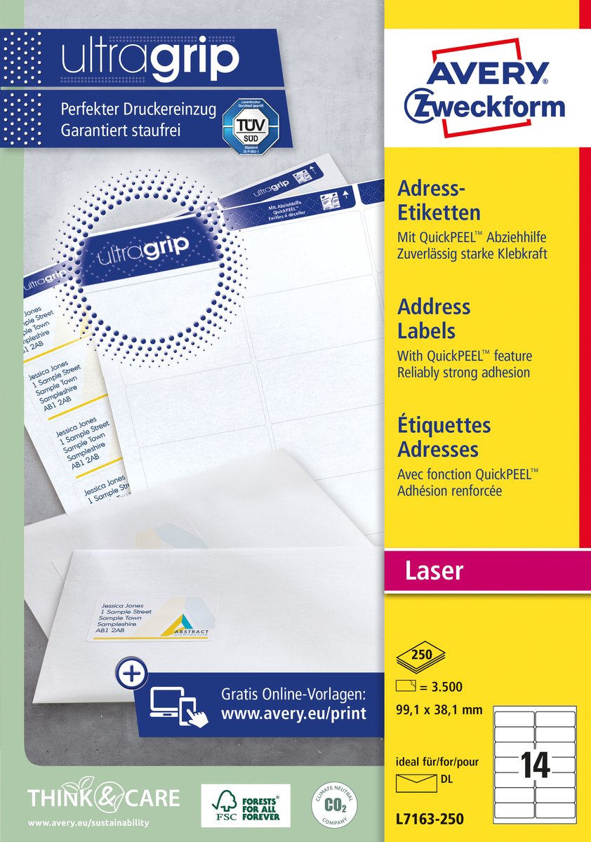 Merkloos Sans Marque Huismerk avery l7163-250 laserprinter etiket 99.1x38.1 wit