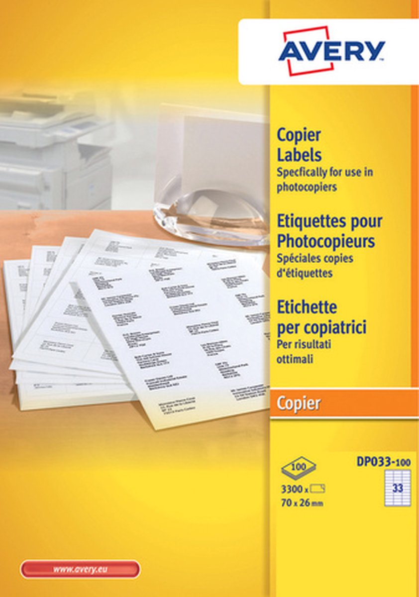 Avery Kopieeretiket 70x26mm 100 vel 33 etiketten per vel wit