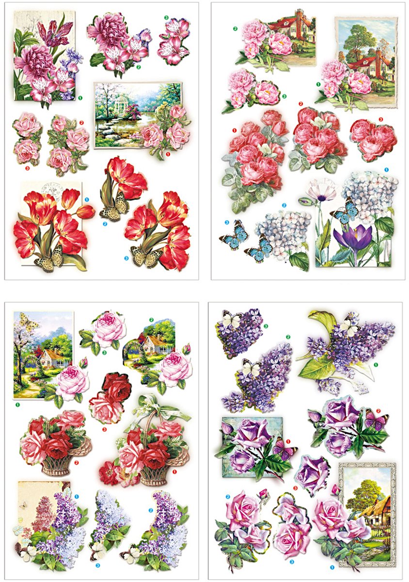Creativ Company 3d vellen - bloemen en vlinders design - scrapbooking vellen - diy knipvellen - creatieve hobbyvellen - papier vellen - kaarten maken vellen - set van 4 vellen - a4 formaat - 21x30 cm
