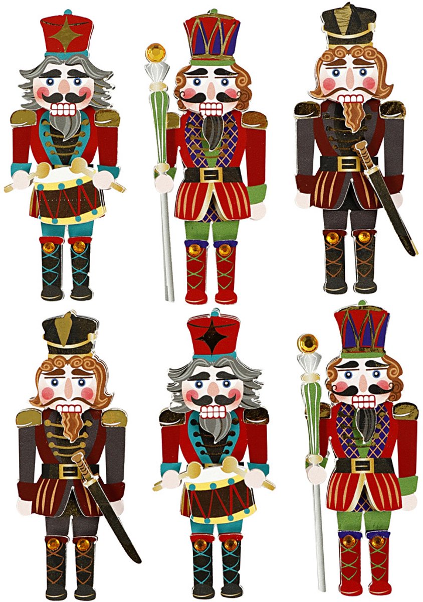 Creativ Company 3d stickers - notenkraker - zelfklevende stickers - gelaagde scrapbooking stickers - knutselstickers voor kerst decoratie - creatieve plakstickers - 75mm - 6 stuks