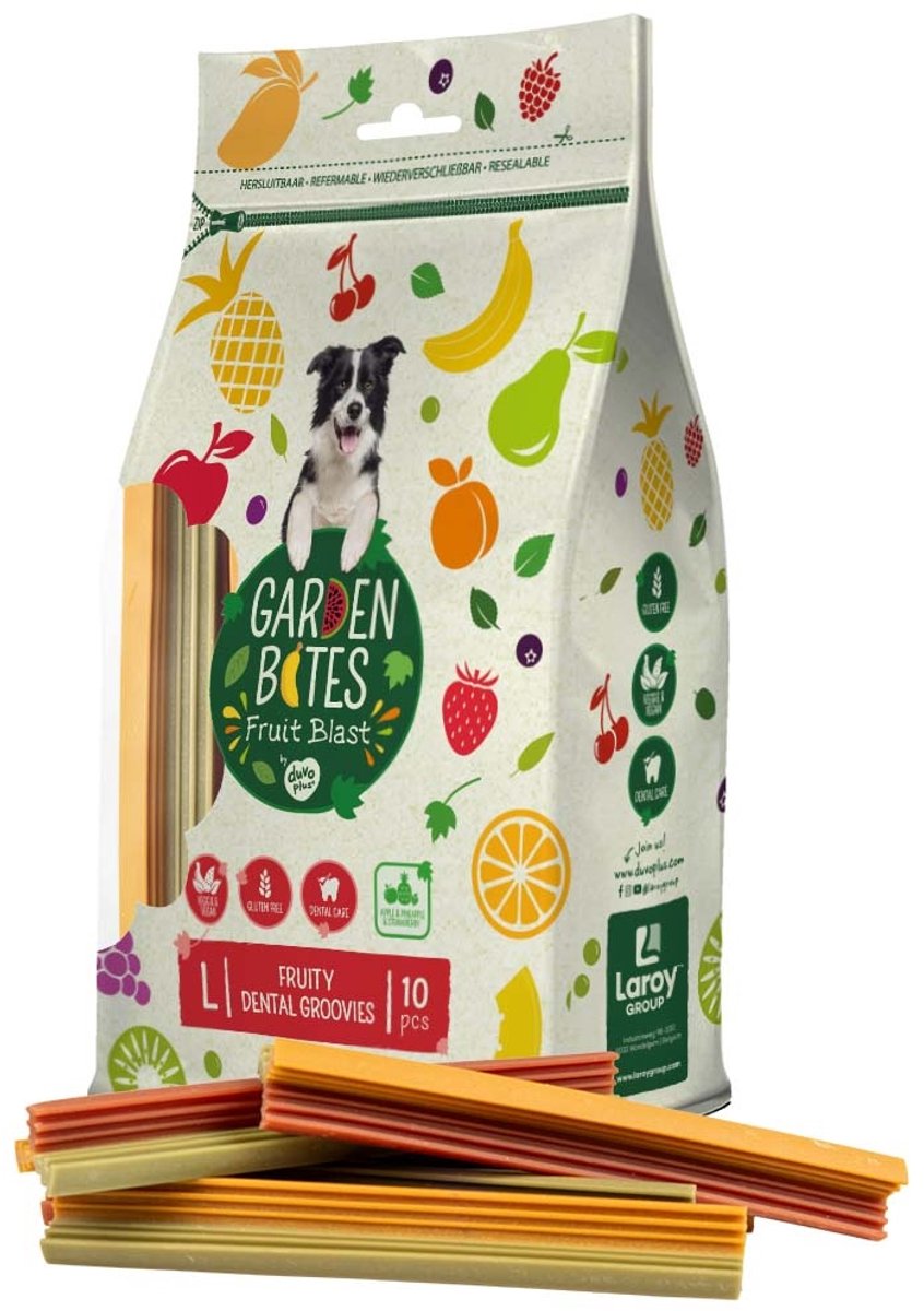 Duvo Plus garden bites - fruity dental groovies hondensnacks - hondensnoepjes - vegetarisch glutenvrij - large 10st