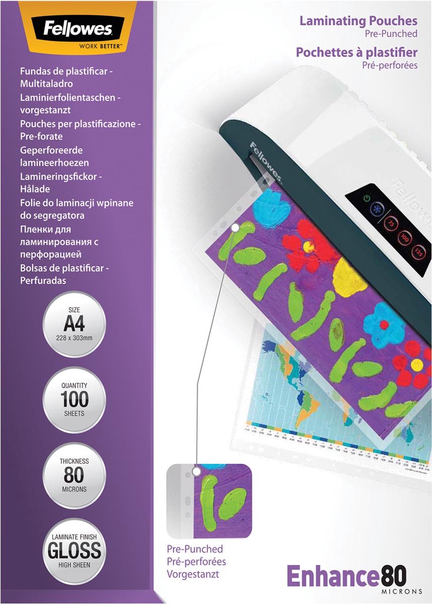 Fellowes lamineerhoezen a4 - glanzend - geperforeerd - 80 micron - 100 stuks
