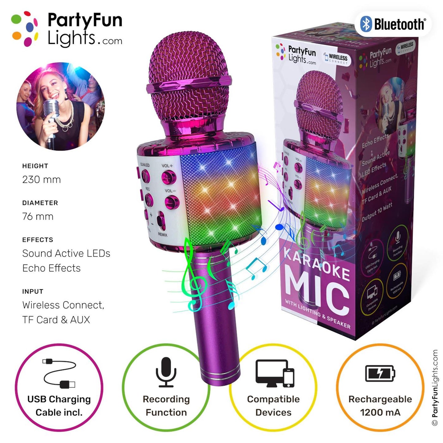 PartyFun Lights Karaoke mic party speaker roze