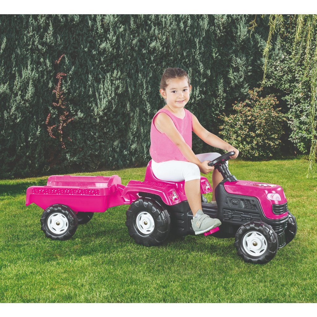 Dolu eenhoorn traptractor met aanhanger roze zwart