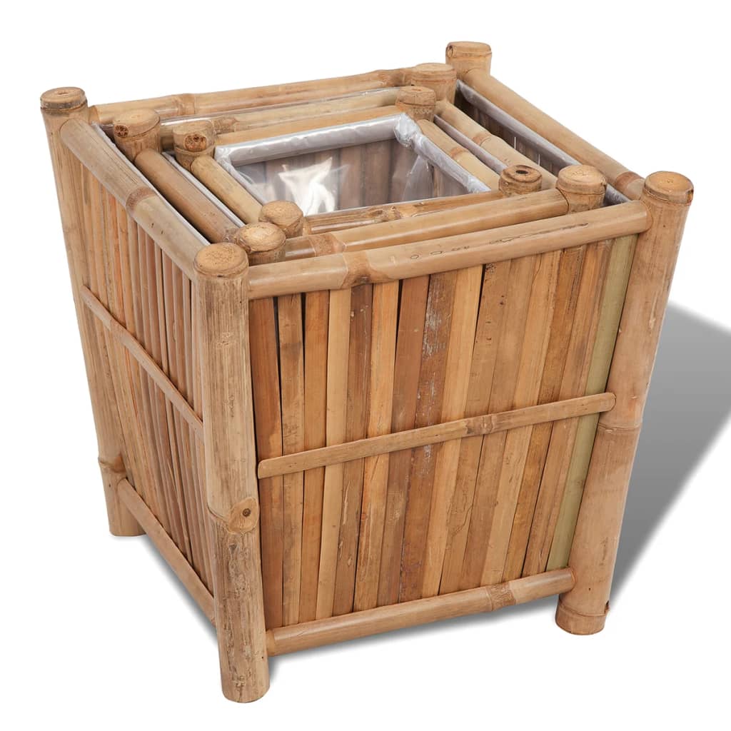 VidaXL 3 st plantenbakken verhoogd bamboe met nylon voering