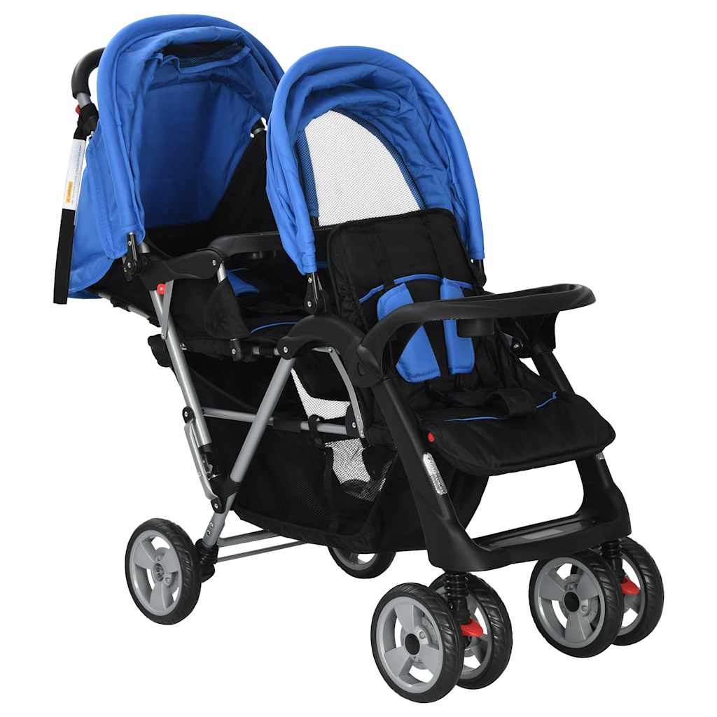 VidaXL Kinderwagen dubbel staal blauw en zwart