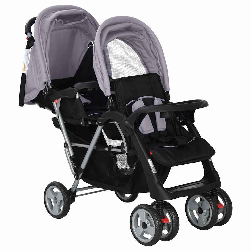 VidaXL Kinderwagen dubbel staal grijs en zwart