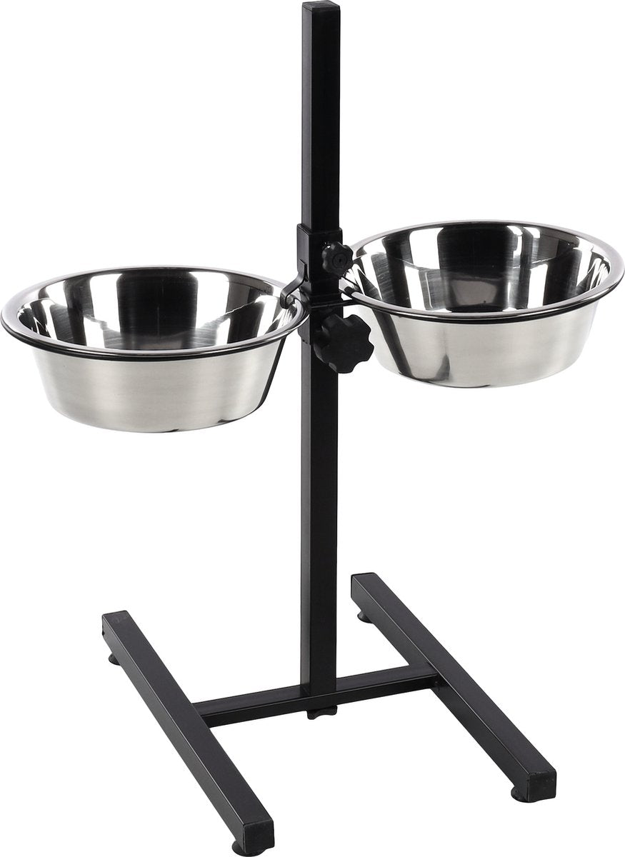 Flamingo Voerbak hond – duo dinner staander otis zilver zwart 2x2,5l – verstelbare eet- en drinkpot met inox kommen