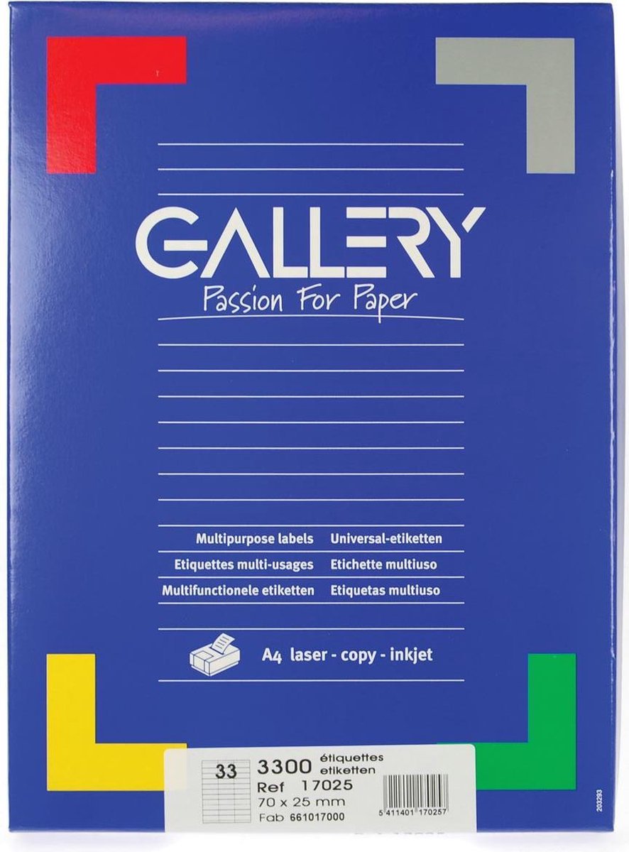 Gallery A zelfklevende etiketten 70x25.4mm wit, 3300 etiketten