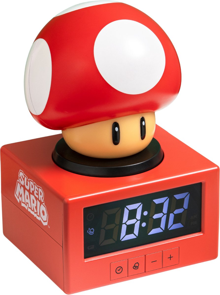 Paladone Super mario super mushroom icon alarm clock – digitale wekker met nachtlampje, officieel nintendo‑product-