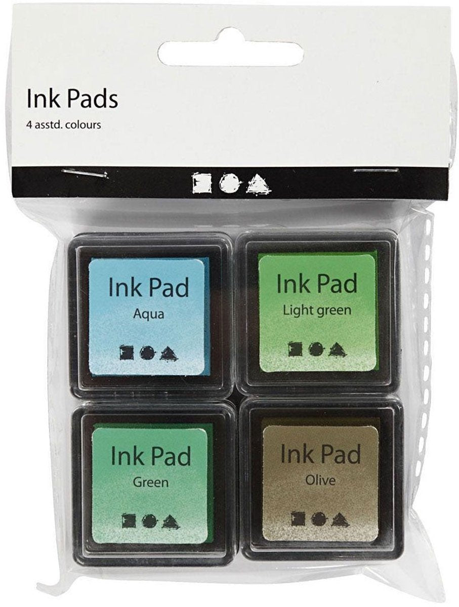 Creativ Company Stempelinkt, groen, lichtgroen, olijf, aqua, h: 2 cm, afm 3,5x3,5 cm, 4 stuk 1 doos