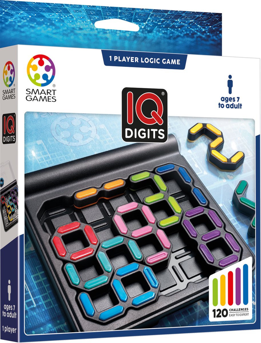 SmartGames iq digits - logisch denkspel reispuzzel - 120 opdrachten met cijfers en sommen - educatief solospel - vanaf 7 jaar