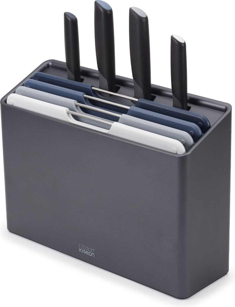 Joseph Joseph - folio plus 4 snijplanken in houder en 4 messen graphite - polypropyleen - grijs