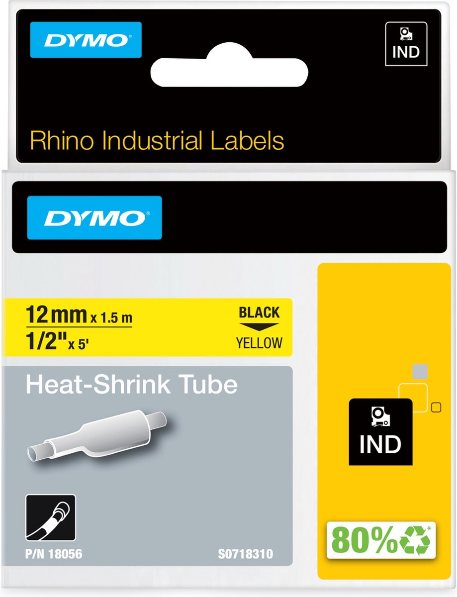 DYMO rhino industriële heat-shrink tube-labels | 12 mm x 1,5 m | zwarte afdruk op geel | voor rhino labelprinters