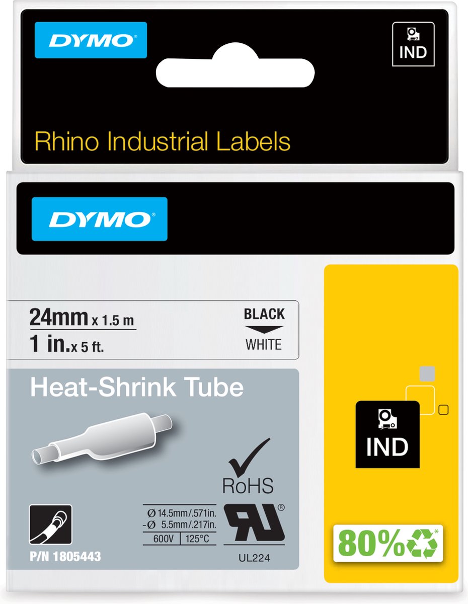DYMO rhino industriële heat-shrink tube-labels | 24 mm x 1,5 m | zwarte afdruk op wit | voor rhino labelprinters