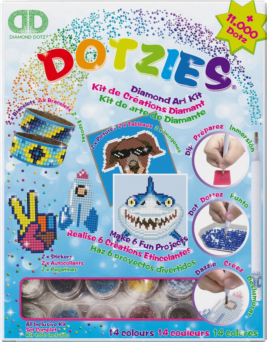 DIAMOND DOTZ® Diamond dotz - megapack dotzies 6-delig - diamond painting - 2 foto's 15 x 15 cm, 2 armbandjes, 2 stickers - 11.000+ dotz - complete diy set voor kinderen vanaf 8 jaar - blauw