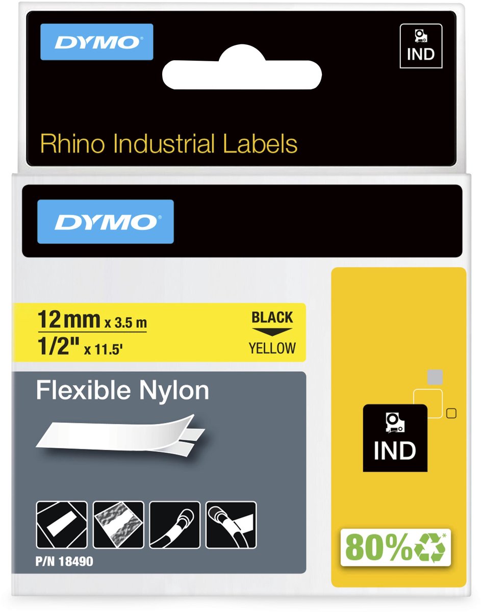 DYMO rhino industriële flexibele nylon labels | 12 mm x 3,5 m | zwarte afdruk op geel | zelfklevende labels voor rhino labelmanager labelprinters