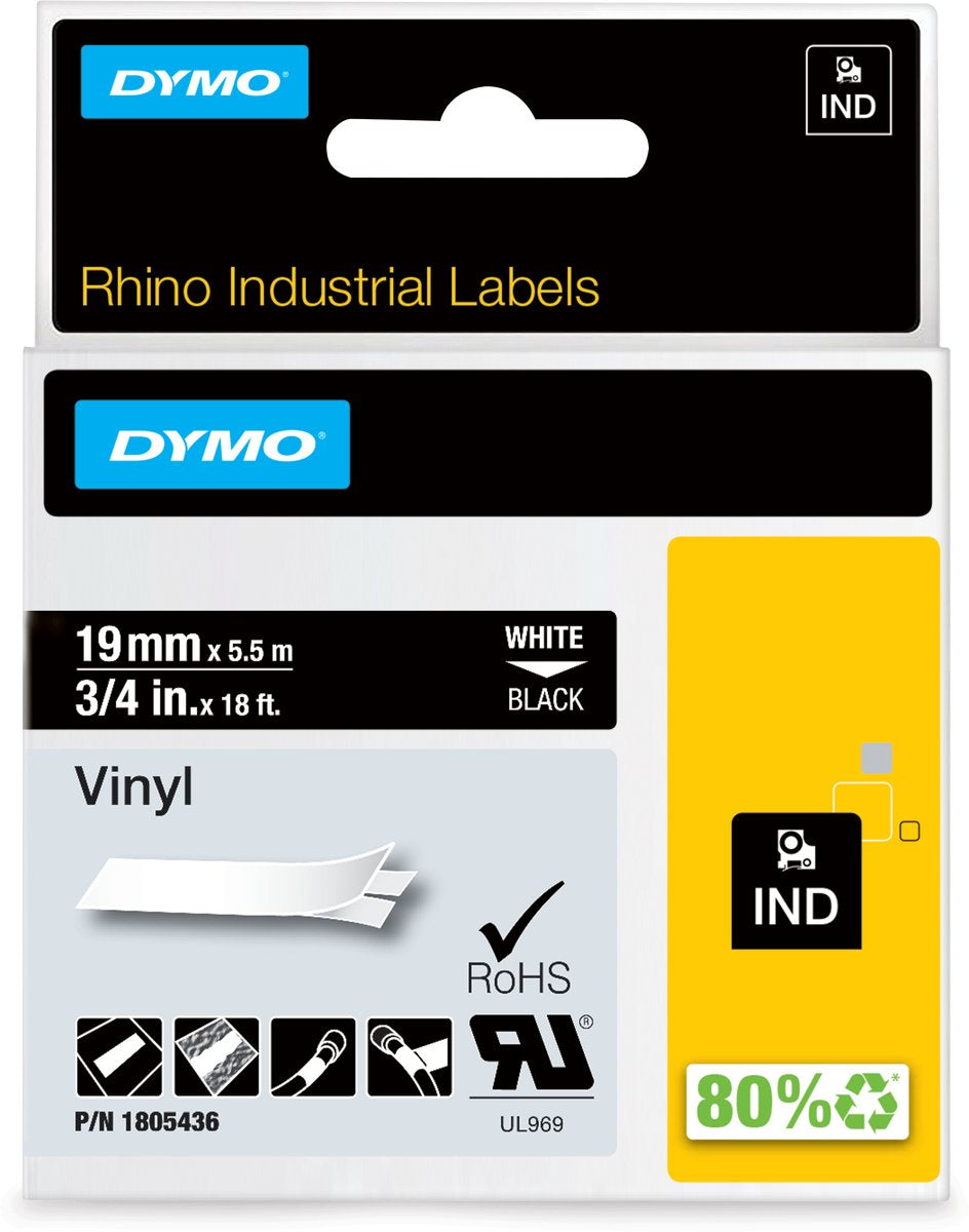 DYMO rhino industriële vinyl labels | 19 mm x 5,5 m | witte afdruk op zwart | zelfklevende labels voor rhino labelmanager labelprinters
