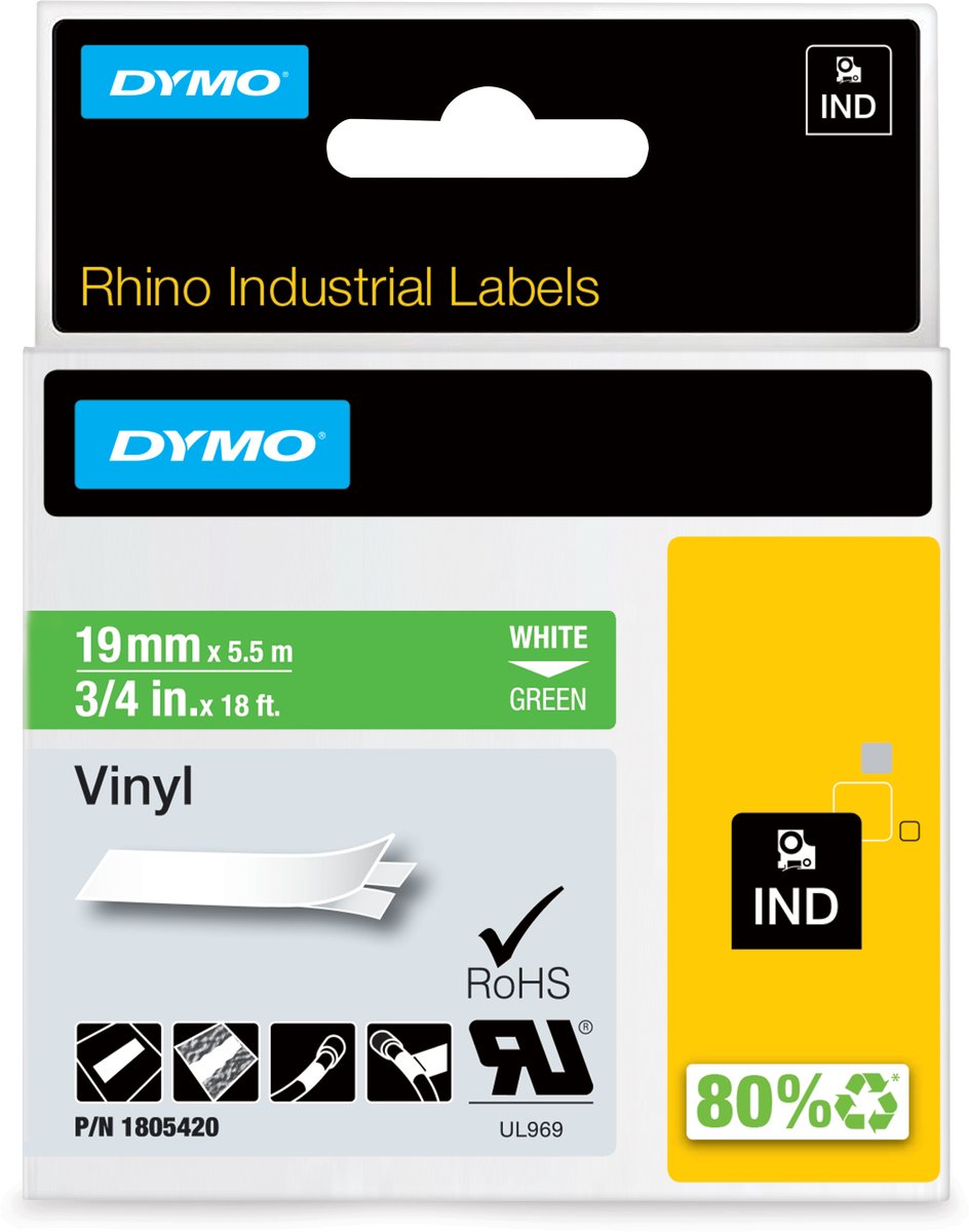 DYMO rhino industriële vinyl labels | 19 mm x 5,5 m | witte afdruk op groen | zelfklevende labels voor rhino labelmanager labelprinters
