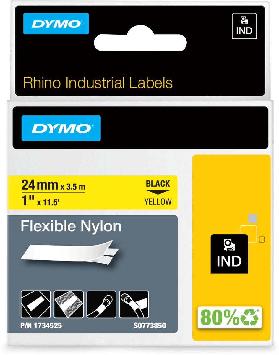DYMO rhino industriële flexibele nylon labels | 24 mm x 3,5 m | zwarte afdruk op geel | zelfklevende labels voor rhino labelmanager labelprinters
