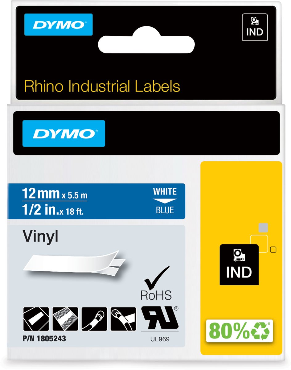 DYMO rhino industriële vinyl labels | 12 mm x 5,5 m | witte afdruk op blauw | zelfklevende labels voor rhino labelmanager labelprinters