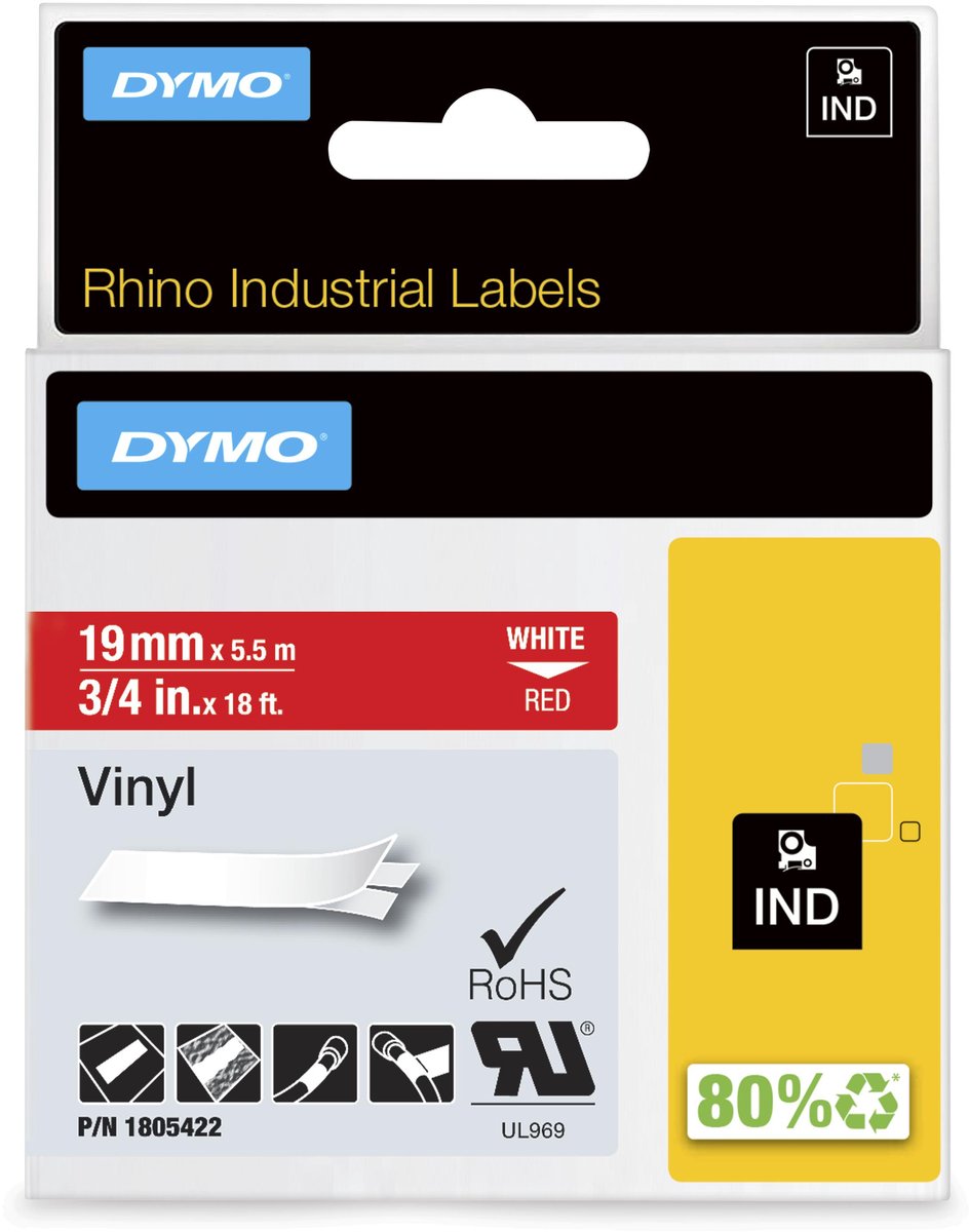 DYMO rhino industriële vinyl labels | 19 mm x 5,5 m | witte afdruk op rood | zelfklevende labels voor rhino labelmanager labelprinters