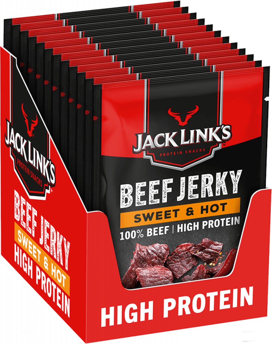 Jack Link's sweet hot beef jerky - high protein - 100% beef - hoog in eiwitten - ideale proteine snack - voor tussendoor, onderweg of voor het sporten - 12x60g