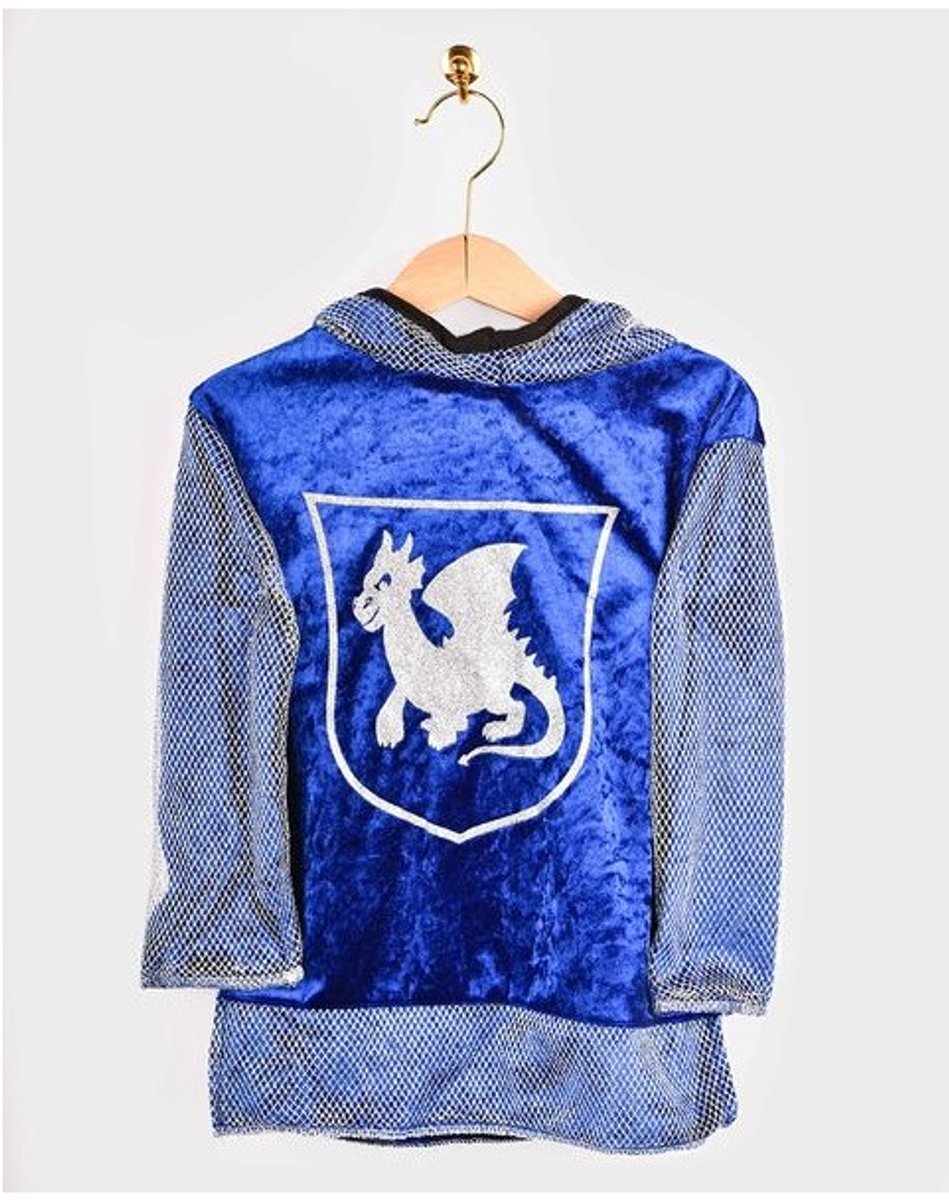 Den Goda Fen verkleedkledij ridder - shirt in velvet met capuchon - 98-104cm - 2-4 jaar - blauw