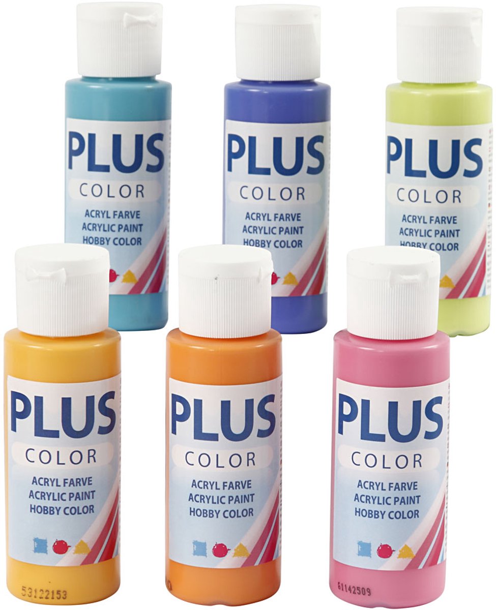 Plus Color Acrylverf verschillende kleuren verf - acrylaatverf acrylic paint hobbyverf knutselen en verven sneldrogend kleurrijk 6 x 60ml - incl. crea gift