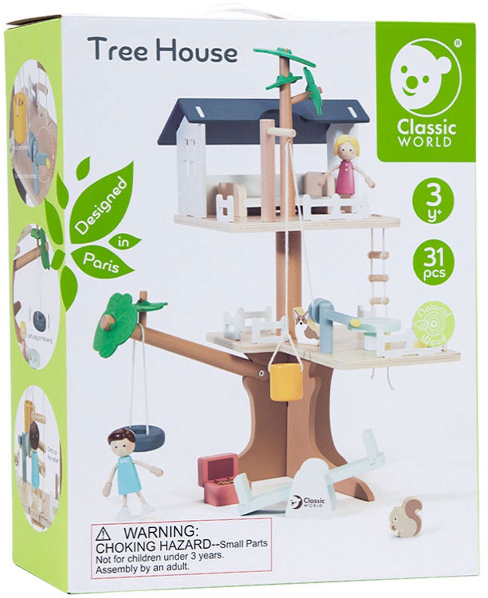 Classic World houten poppenhuis boomhut - speelset 31-delig.
