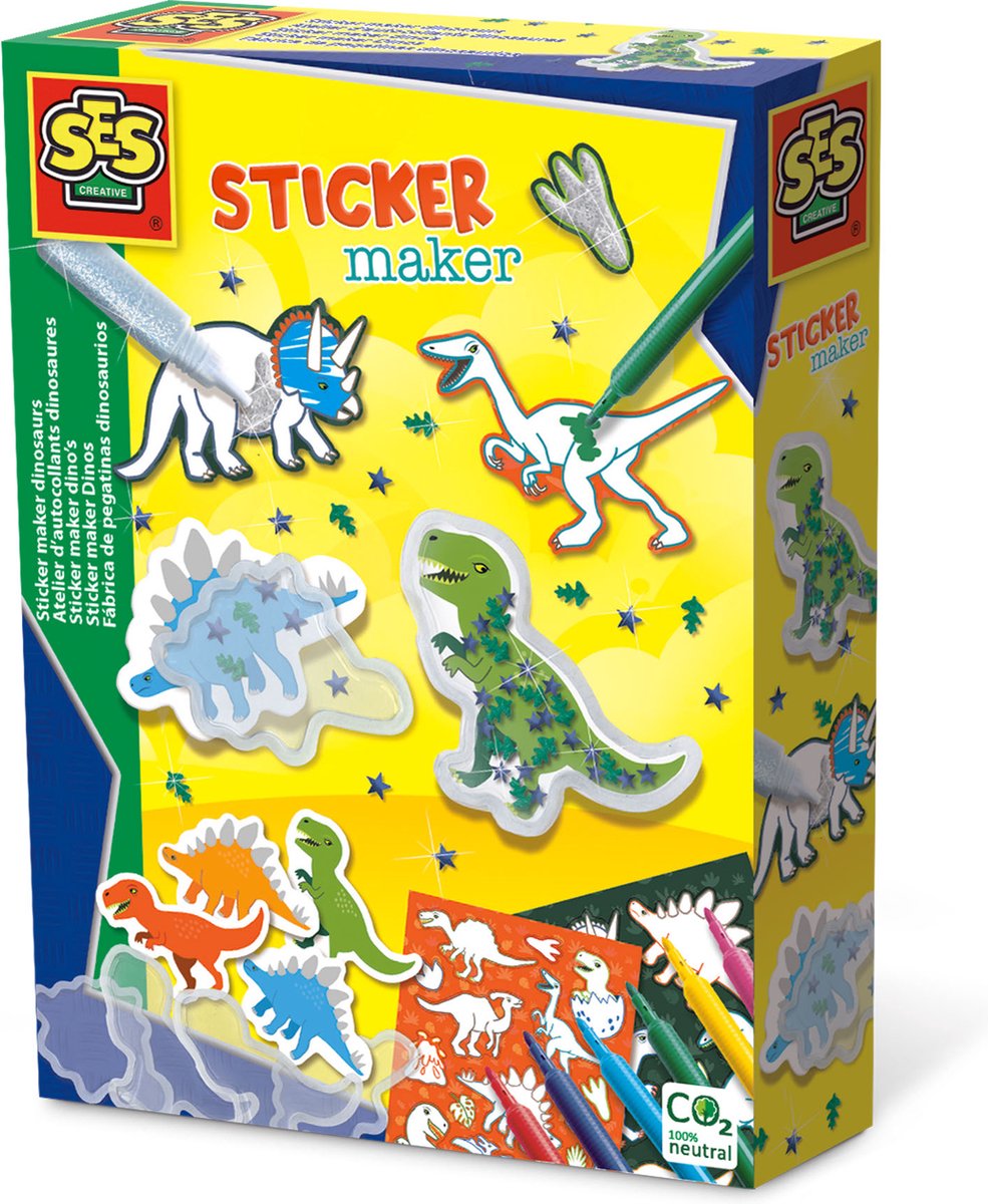 SES Creative Ses - sticker maker - dino's - shaker stickers en gewone dino stickers - zelf kleuren - inclusief stiften, pailletten en glitterlijm - knutselen jongens - dinosaurus speelgoed