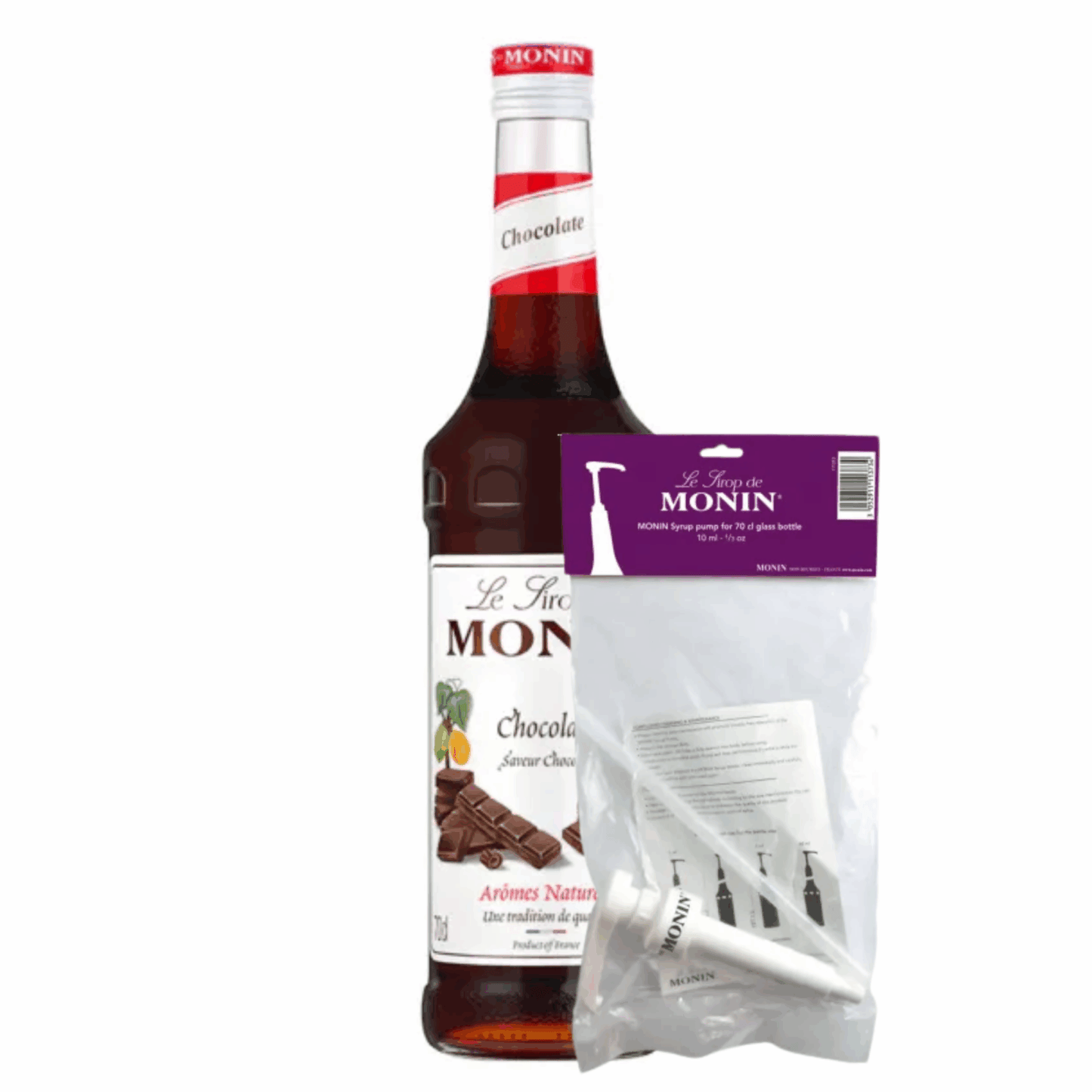 Monin siroop chocolate bruin (70 cl) + siroop pompje (10ml)